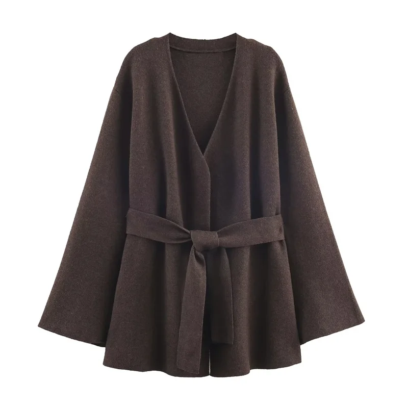 Женское пальто 2025, новинка зимы, темно-коричневый вязаный кардиган с длинными рукавами и поясом, стильный и элегантный