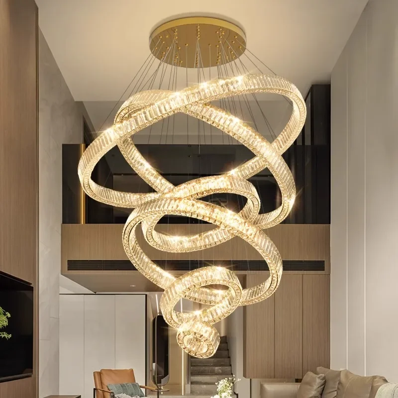 

Modern Ring Small Square Pieces Crystal Led Pendant Lamp for Villa Duplex Building Hotel Stair Chandelier Home Decor Luminaires