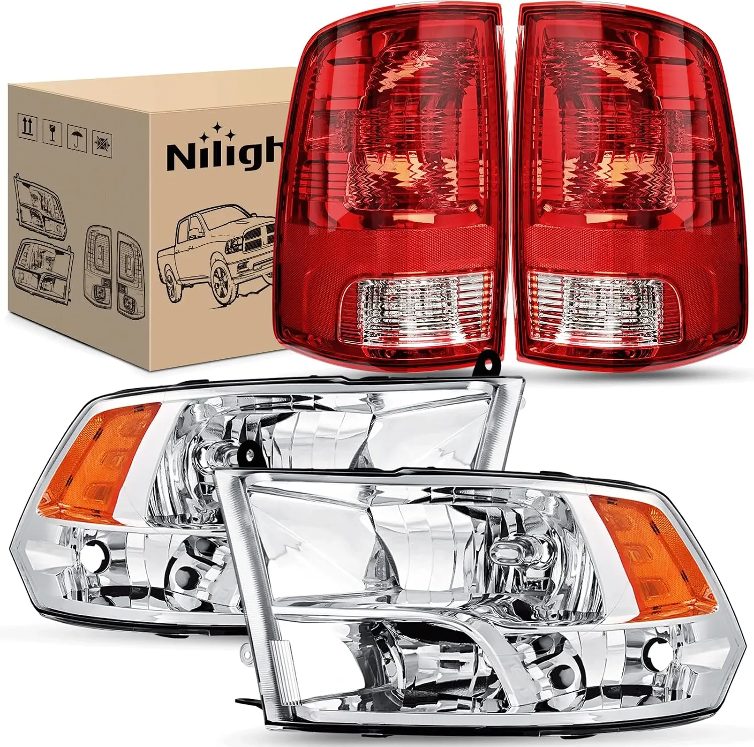 Nilight Headlight and Taillight Combo for 2009-2016 2017 2018 Dodge Ram Fit 2009 2010 2011 2012-2018 Ram 1500 2010-2018 Ram 2500 3500 for Quad Model Chrome Housing Amber Reflector w/Red Tail Light