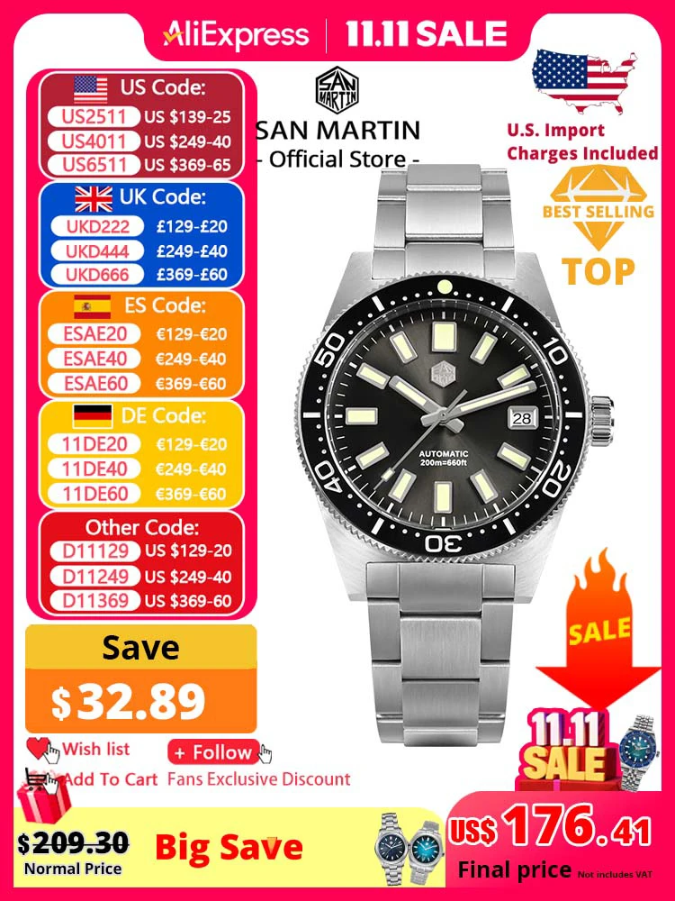 

San Martin 62mas Diver Watch 39mm Classic NH35 Men Automatic Mechanical Watches Sapphire Waterproof 200m SLN C3 Luminous SN0007