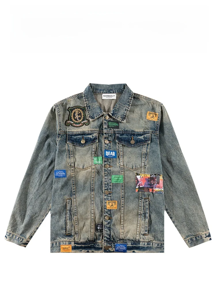 

BAIRBAOLIY High-End Retro Motorcycle Embroidered Bae Jaet Men's Trendy Street Cool Outerwear Stand Fit Denim Faion U...