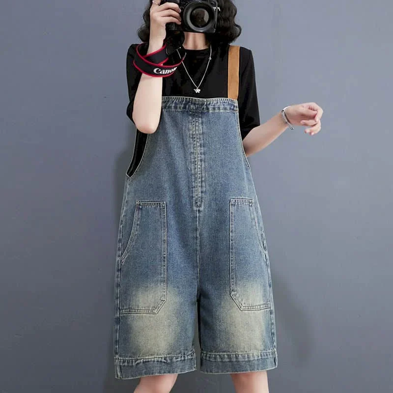 Celana Kodok untuk Wanita Denim Vintage Kasual Fashion Korea Pakaian Bermain Solid Celana Pendek Kaki Lebar Longgar Pakaian Satu Potong Pakaian Wanita