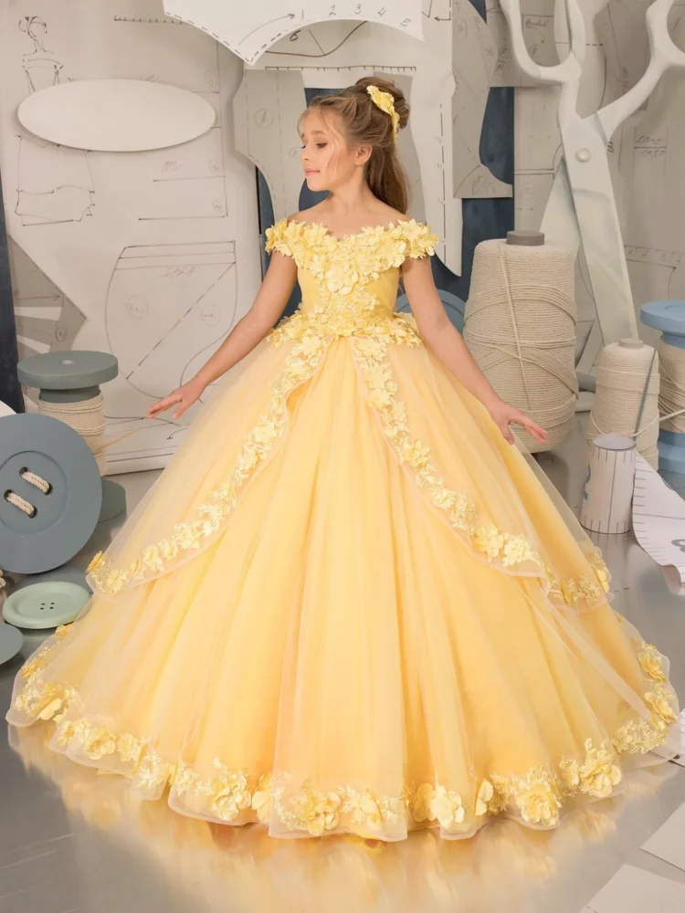 

Stunning Yellow Flower Girl Dresses Tulle Tiered Appliques Party Dress for Wedding Birthday Party Banquet Gown Customized