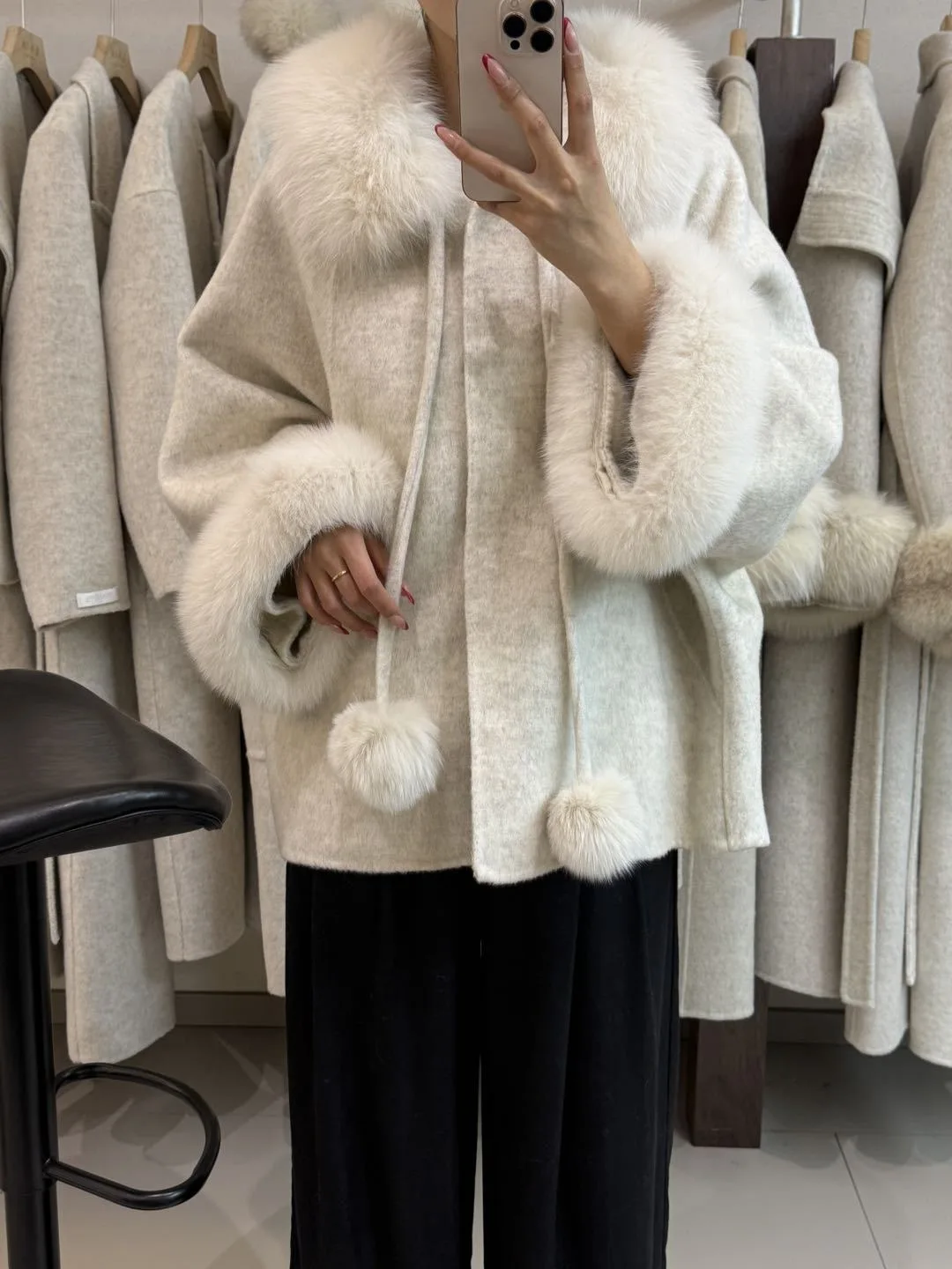 OFTBUY Women's Short Wool Coat Real Fox Fur Collar Cuffs Pom Pom Drawstring Woolen Clothing New Winter Warm Elegant Outerwear
