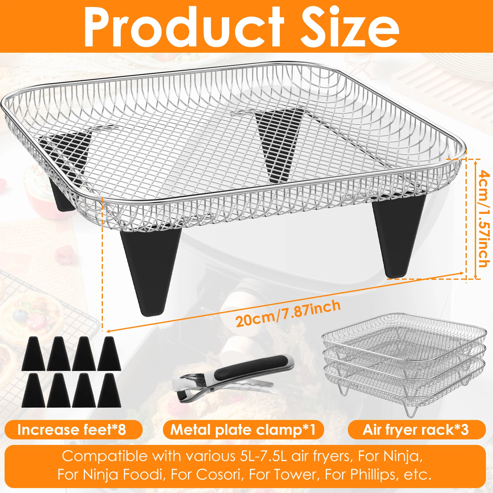 3 Layer Air Fryer Rack Square Grilling Rack Stainless Steel Grill Dehydrator Rack Stackable Basket Kitchen Gadgets Cooking Tools