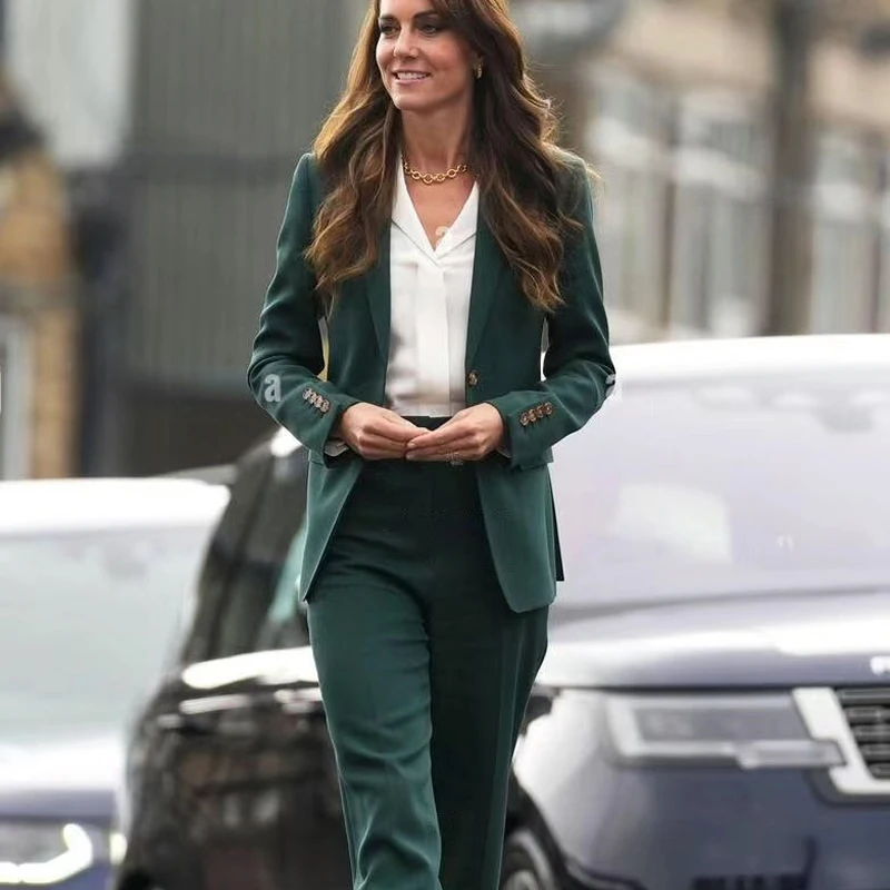 2024 Fashion Slim Long Sleeve Slim Blazer Princess Kate Middleton Solid Green Trousers Set