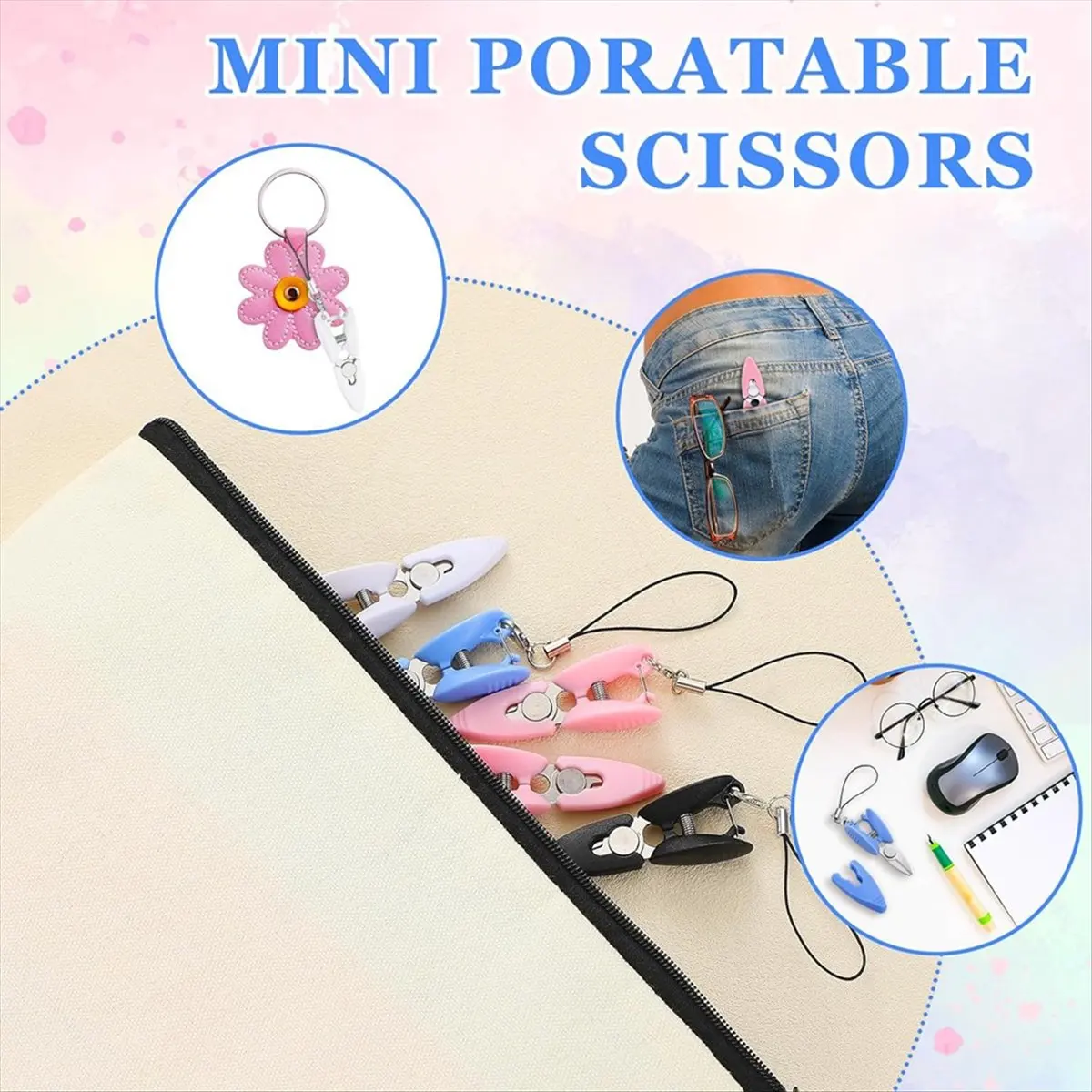 *ESTR 6 Pcs Mini Small Scissors Keychain Set with Cover Travel-Sized Portable Snips for Travel, Sewing, Crafts and Yarn