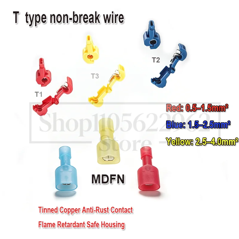 20Pcs MDFN Flame Retardant Insulated Cold-Press Male Female Socket Terminals T1/T2/T3 T-Type Quick Splice Wire Tap Clips