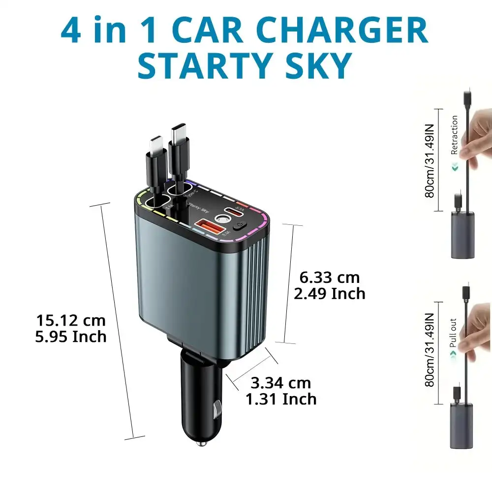 Retractable Car Charger Starry LED Cabin Light Dual Built In Cables Multi Device Quick Daily Charging USB C and A Ports Adjustable Socket Cord Organizer Vehicle Interior Accessories Road Trip Travel Console Power Adapter Gray Compact Gift Driver Passenger