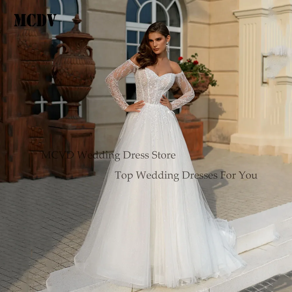 

MCDV Wedding Dresses 2025 Luxury Off Shoulder Strapless Sequin Bride Gowns A-Line vestidos de novia Full Sleeve Sweep Train