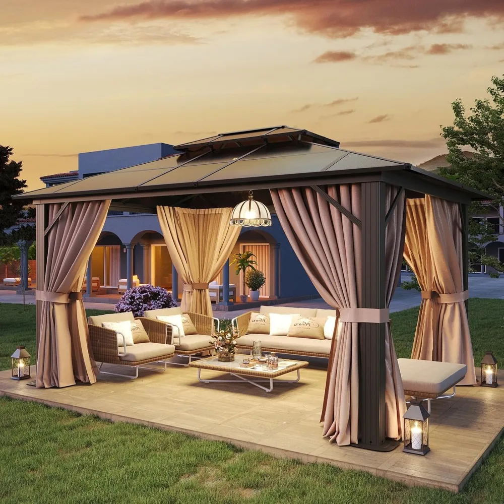 10'x12' Hardtop Gazebo,  with Curtains and Netting, Polycarbonate Gazebo, Double Roof Canopy, Aluminum Frame  Pavilion