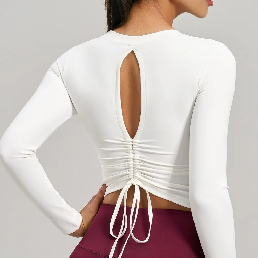 

Ruffled Fit Back Drawstring Sportswear with Chest Pad Long Sleeve Fitness Yoga Top Breathable Elastic Pilates Yoga Shirts Female