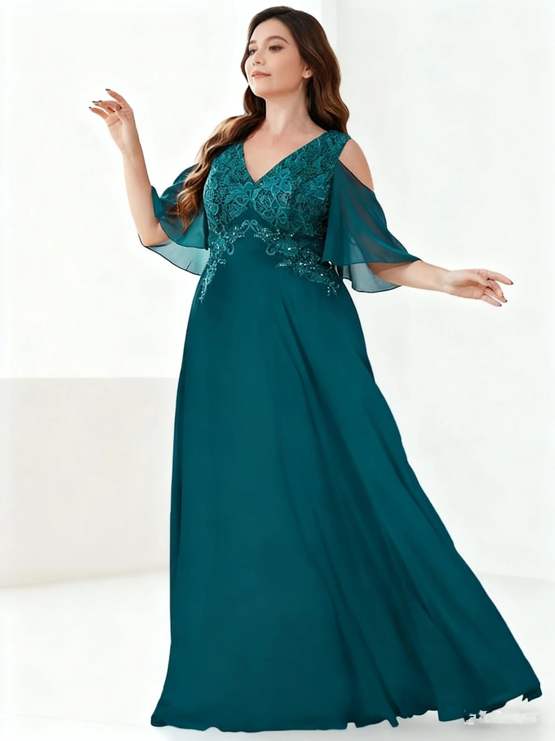 

Mother of The Bride Dresses Plus Size for Wedding Lace V Neck Evening Dress with Sleeves Long Chiffon Formal Gowns