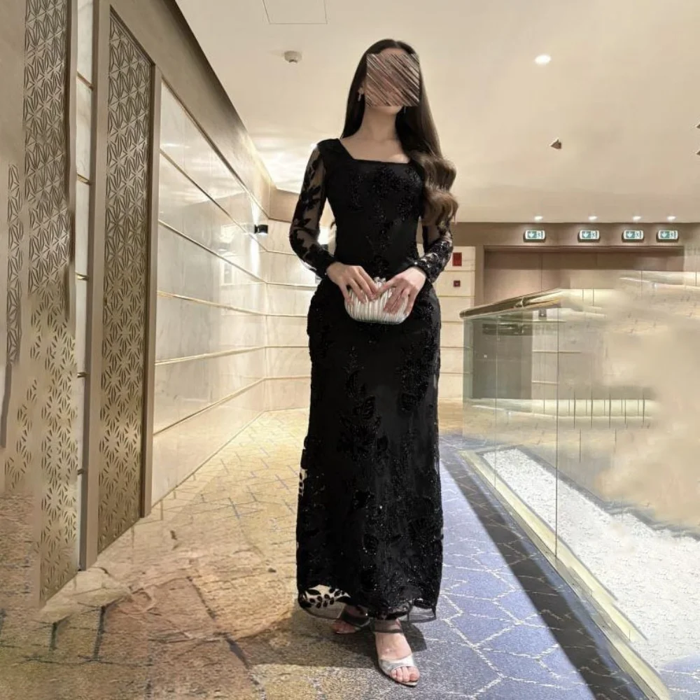 Abito da sera increspato a maniche lunghe squisito personalizzato Abito da ballo con volant sexy Elegante abito da festa con applicazioni in pizzo a sirena فسات