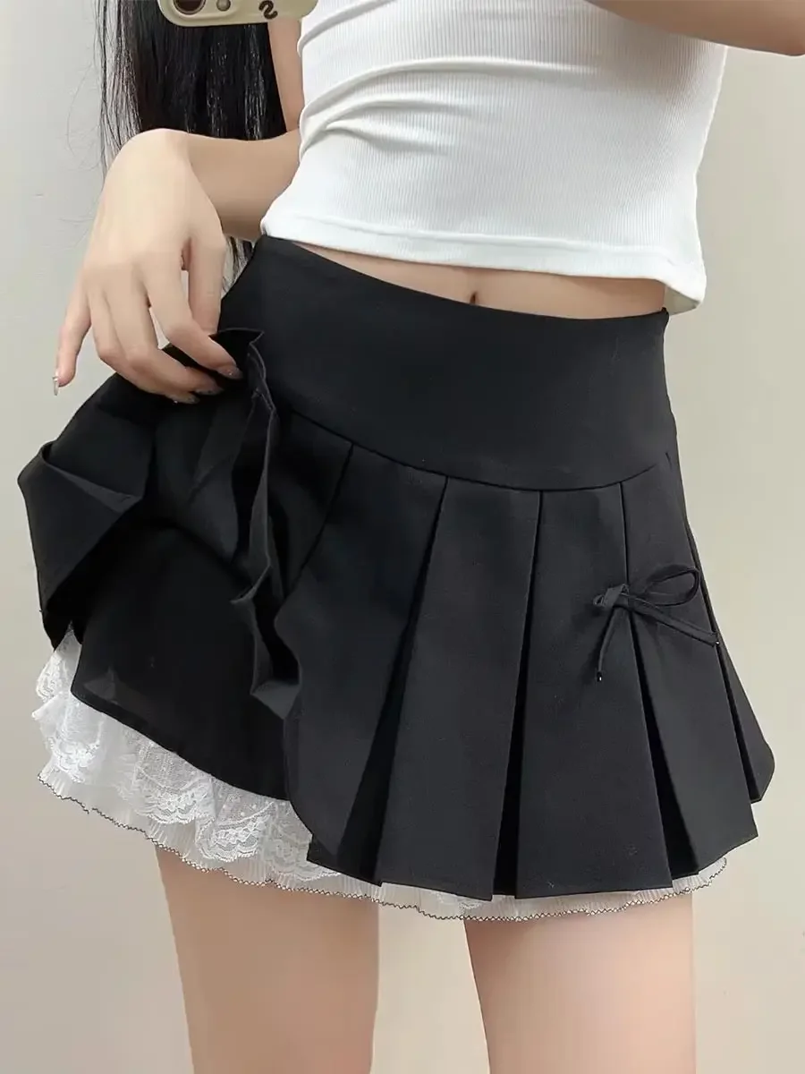 Lace Splicing Pleated Skirt for Women Spring Summer Cute Bow A-line Shorts Skirt Grey Vintage Korean Fashion Y2K Clothes