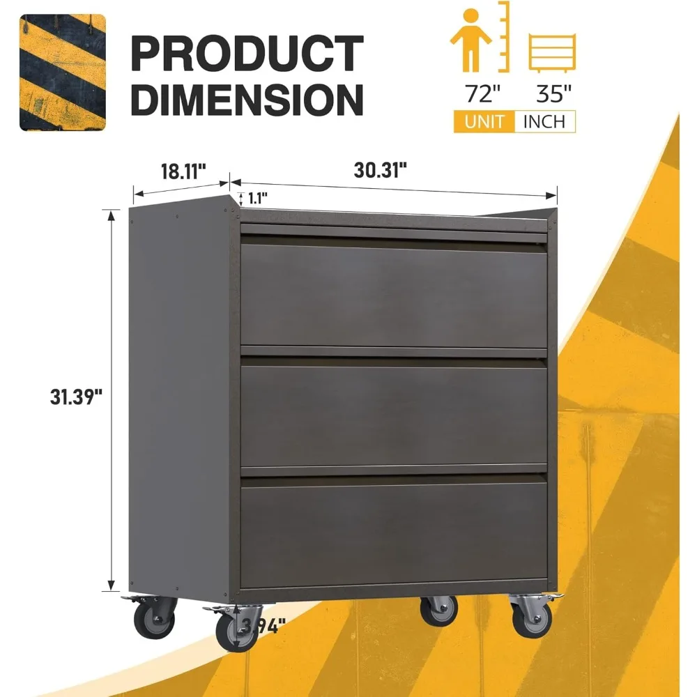 Metal Garage Storage Cabinet with Wheels, Rolling Tool Chests & Cabinets with 3 Drawers