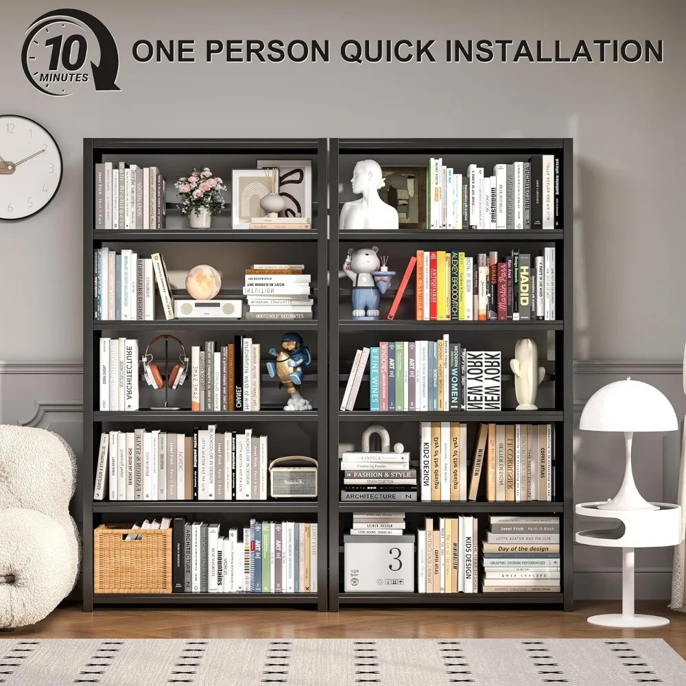 رف كتب معدني مكون من 5 طبقات، خزانة كتب سوداء بطول 69 بوصة، أرفف كتب كبيرة شديدة التحمل، أرفف كتب صناعية واسعة، تخزين العرض Sh #4