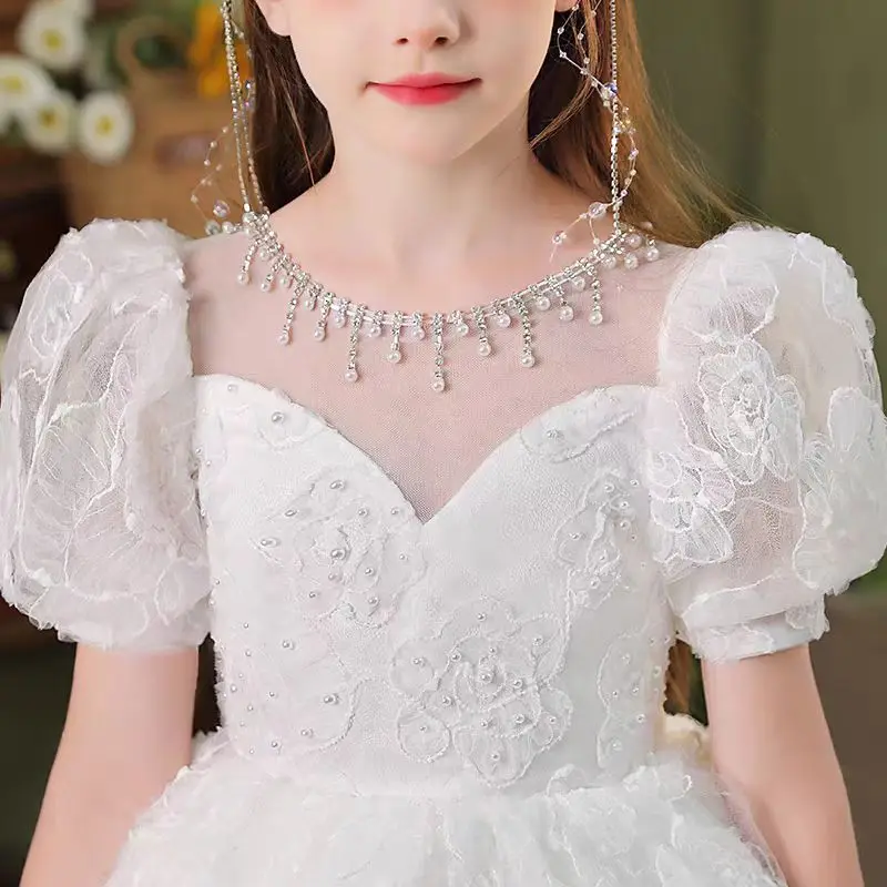 Jill Wish Splendido abito bianco per neonate con maniche a sbuffo in pizzo ricamato principessa per bambini matrimonio festa di compleanno abito da ballo J718