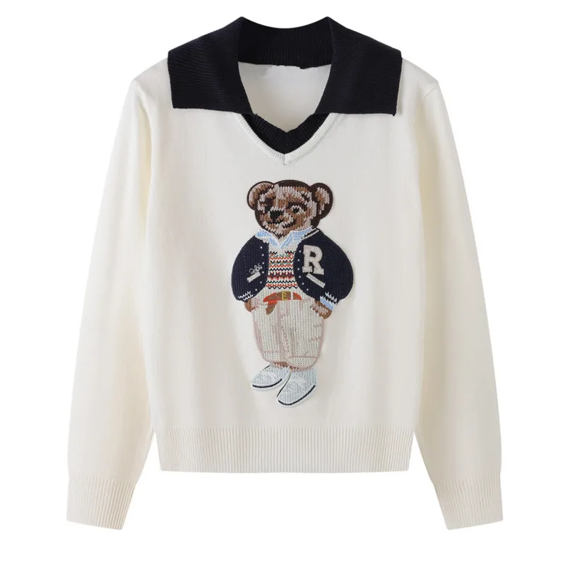 

High Street Light Luxury French Bear Embroidered Knitted Sweater For Women Autumn New Fashion Korean Casual Loose Pullover Tops