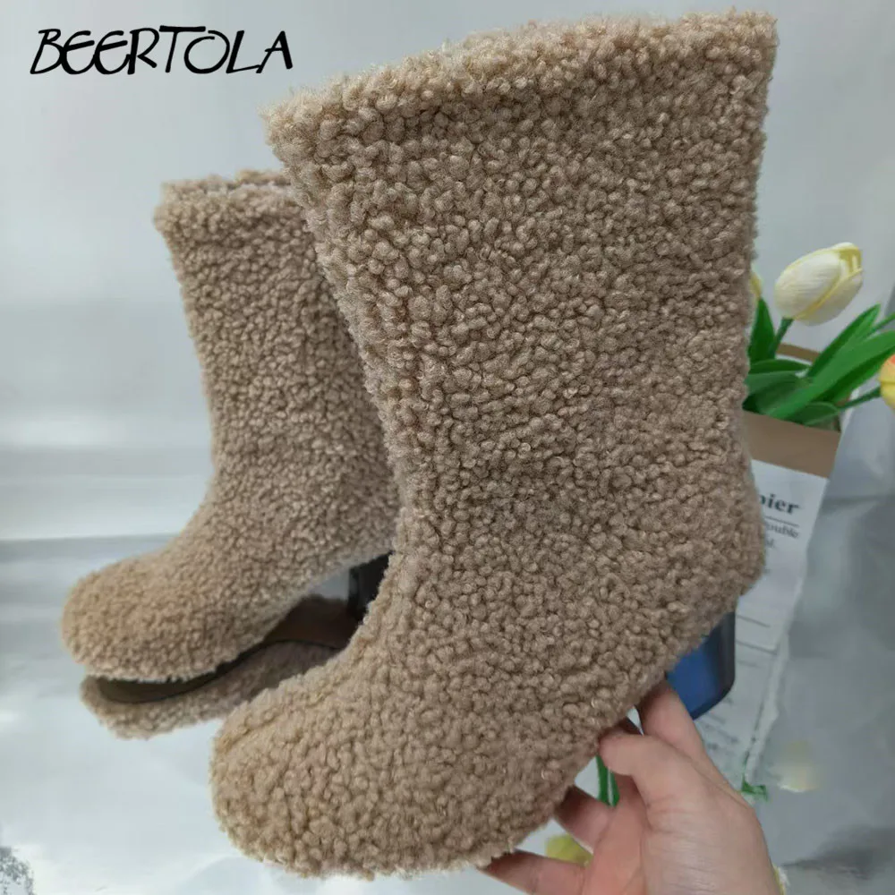 Fluffy Chunky Heel Autumn and Winter Boots Sleeves Casual Snow Boots Large Size Fashion Casual High Heel Women's Shoes