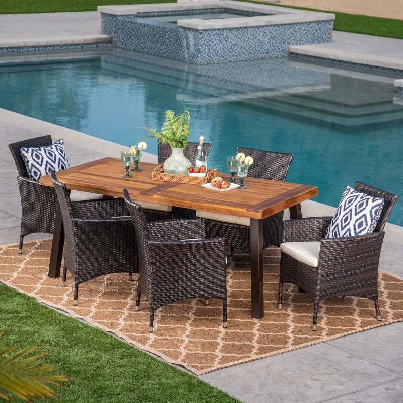 

-Piece Outdoor Dining Set, Acacia Wood & Wicker/ Cushions, Teak Multibrown/Beige, Rust-Resistant Rustic Metal Frame