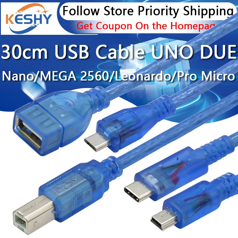 30cm USB Cable For Uno r3 For Nano/MEGA 2560/Leonardo/Pro micro/DUE Blue Quality A type USB/Mini USB/Micro USB 0.3m for Arduino