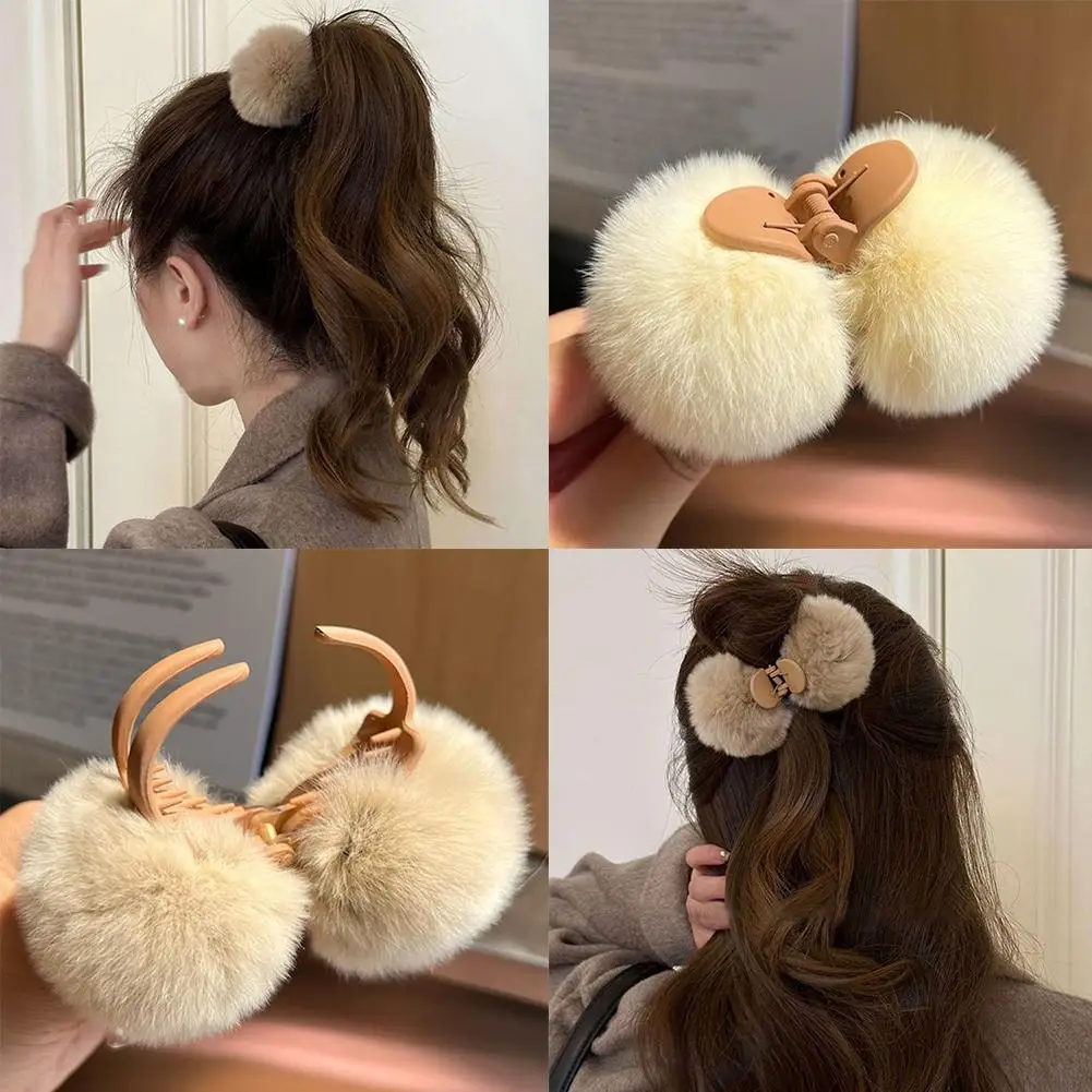 Girls Faux Fur Hair Claw Double Sided Fur Ball Hair Fluffy Grab Soft Hairpin Clip Plush Hair Pom Pom Accessory Cute Headwea G6E2