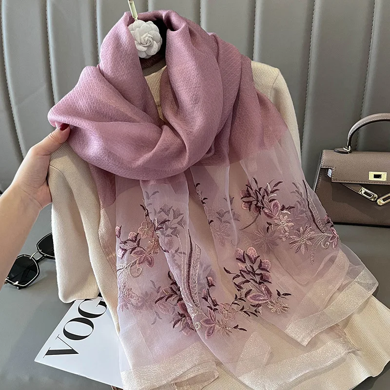 

Luxury Brand Silk Wool Women Scarf Embroidery Shawl and Wraps Foulard Female Hijab Bandana scarves for lady flowers beach stoles