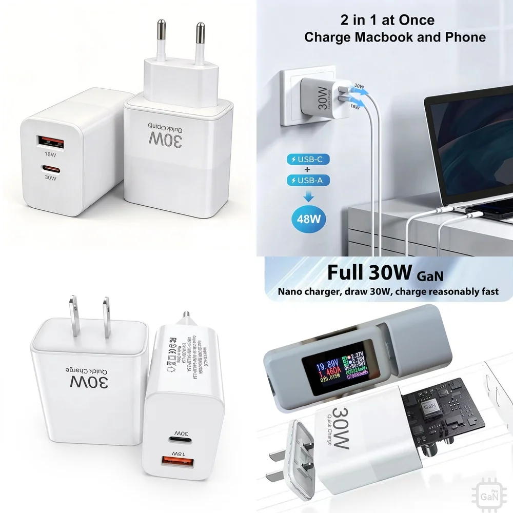 Compact 30W PD Fast Charger Dual Port EU US Plug Safe Charging for iPhone 17 16 15 Pro Max Samsung S26 S25 S24 Ultra Google
