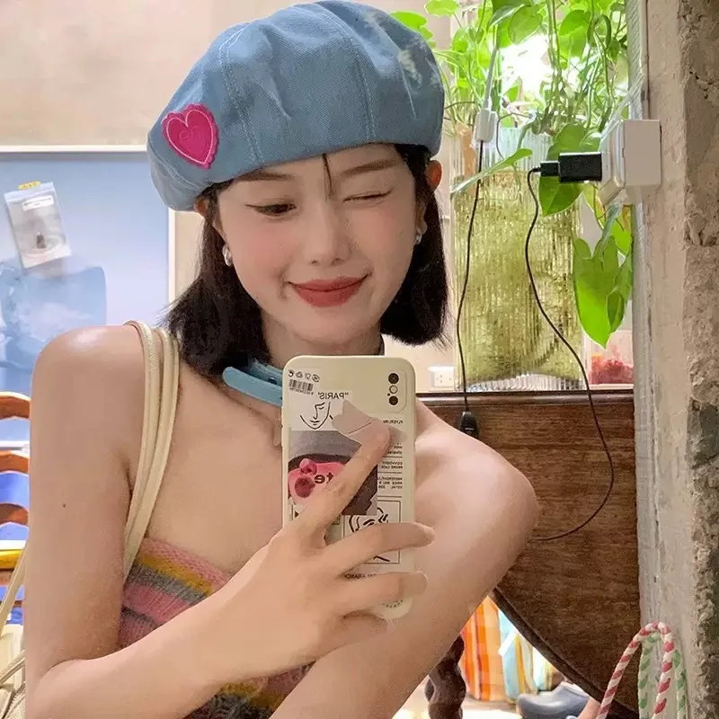 Women Washed Denim Beret Heart Patch Street Snap Vintage Aesthetic Painter Hat Dating Daily Casual Wear Beret Weekend Outing