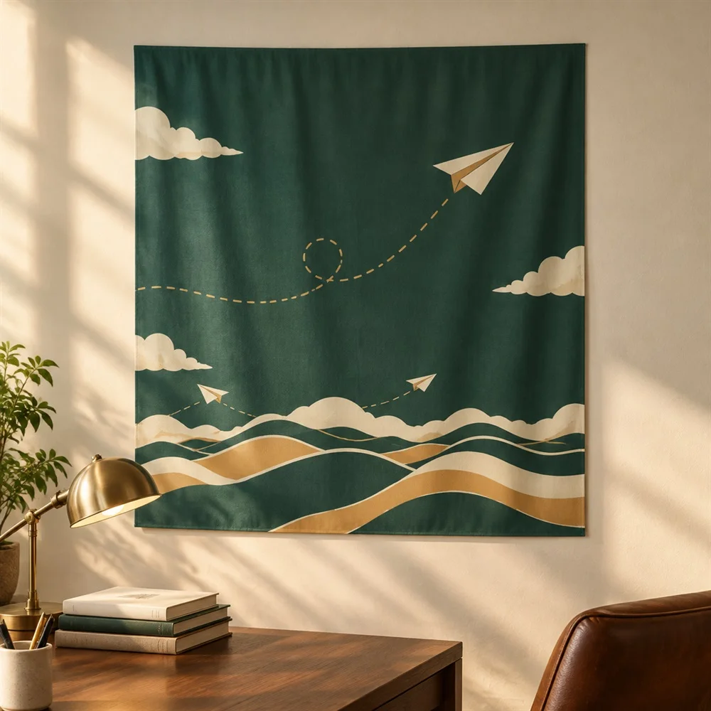 VIKAMA Paper Plane Route Tapestry Wall Hanging, Minimal Sky Wall Art, Modern Decor for Living Room Office Study Kids Room