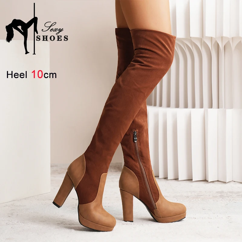 

Thick Soled Boots For Women Matte Vamp Fashion Chunky Heel Shoes Autumn Winter Elastic Over The Knee Boots Round Toe High Heels