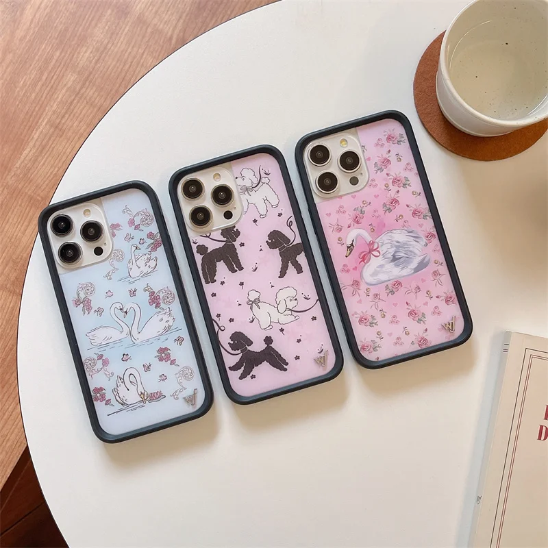 Wildflower Cute Cartoon 3D Swan Teddy Dog Phone Case for iPhone 15 Pro 14 13 12 16 Pro Max WF Soft Edged Silicone Protect Cover