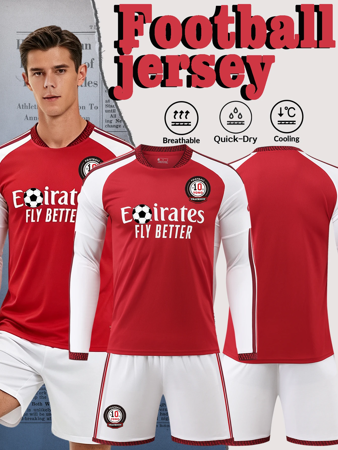Men Long Sleeve Red White Football Jersey Set Soccer Uniform Quick Dry Breathable Sports Shirt Shorts Kit For Training Match Tea