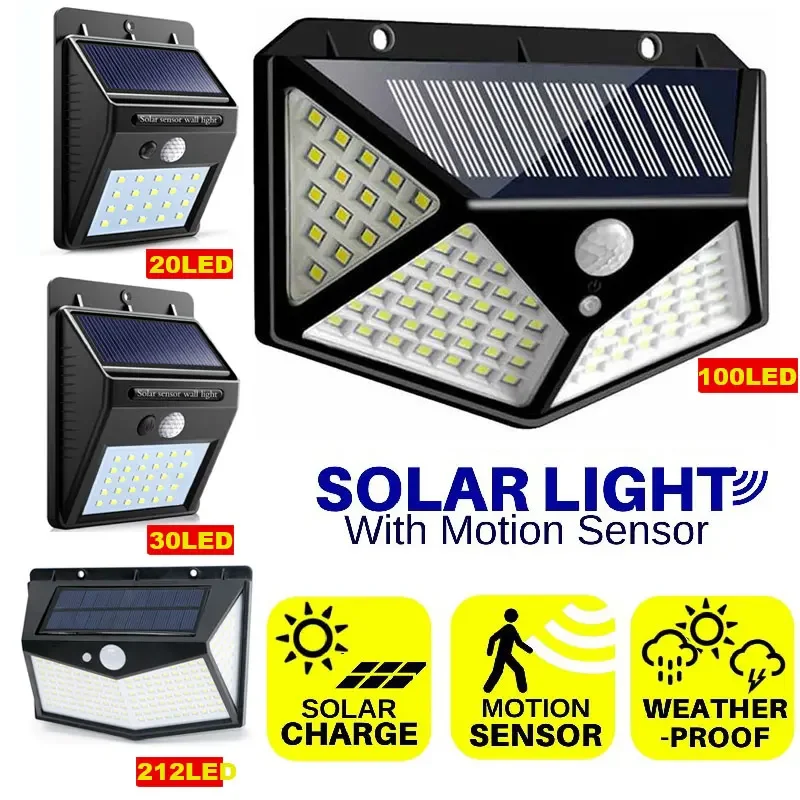 Solarny reflektor Led 20/30/100/212 Led lampa uliczna z czujnikiem ruchu wodoodporne światło słoneczne zasilane światłem dekoracje ogrodowe kinkiety