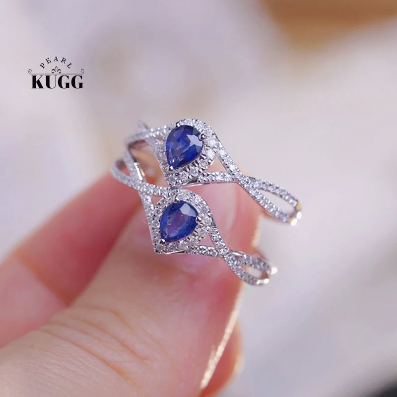 KUGG 100% 18K White Gold Rings Shiny Diamond Natural Sapphire Ring for Women Elegant Water Drop Design High Party Jewelry