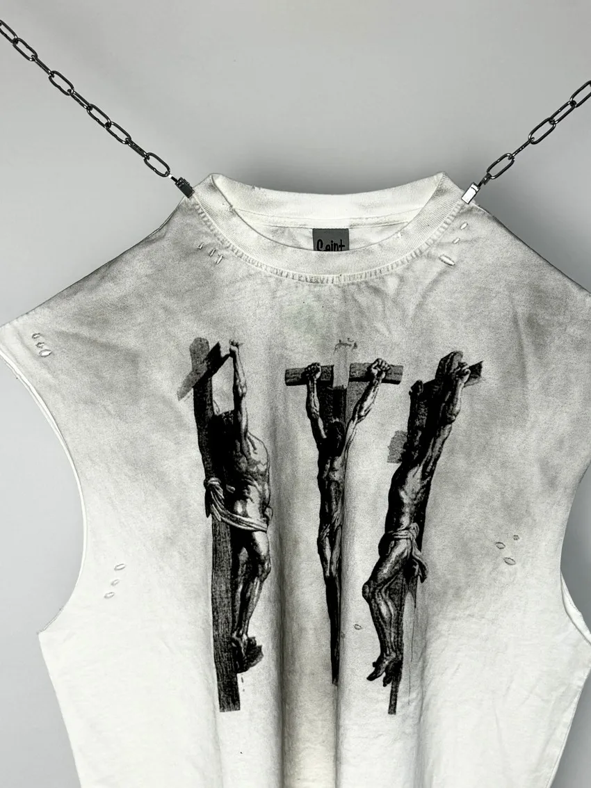 2025 الصيف سانت تي شيرت الرجال النساء جودة عالية غسلها رذاذ القذرة يدويا طحن قطنية عالية الجودة خمر تيز #4