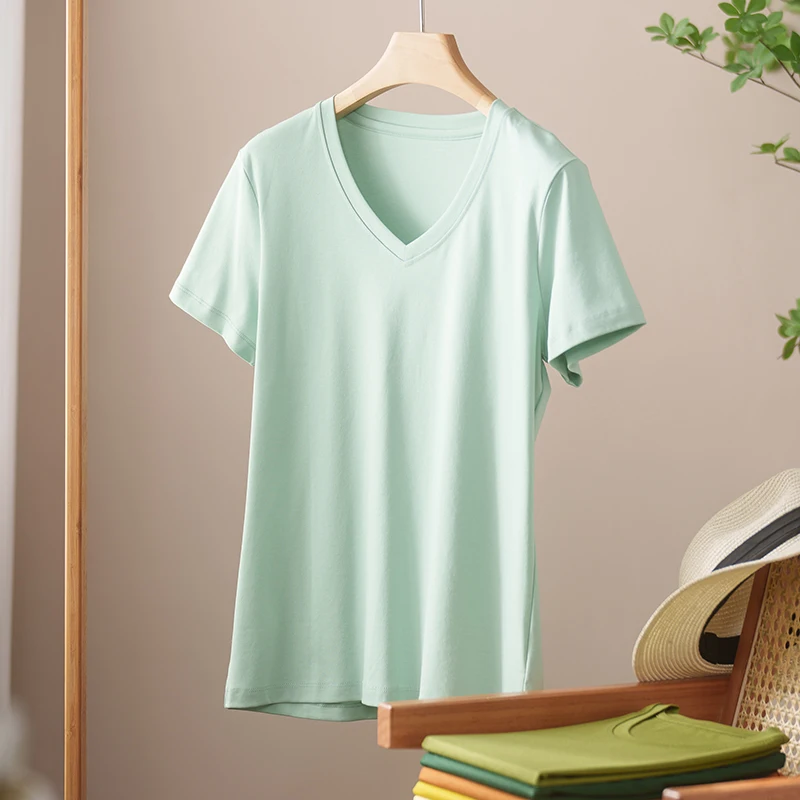 2024 Summer 100% Mercerized Cotton Women Silk T-shirts V-Neck Short Sleeve Loose Straight Tops Simple Casual Tees For Minimalist