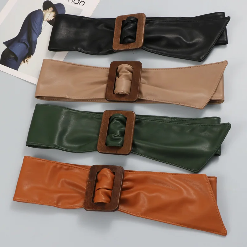 

New Autumn and Winter Wooden Buckle PU Leather Wide Waisthand Korean Version Senior Decorative Dress Women's Belt