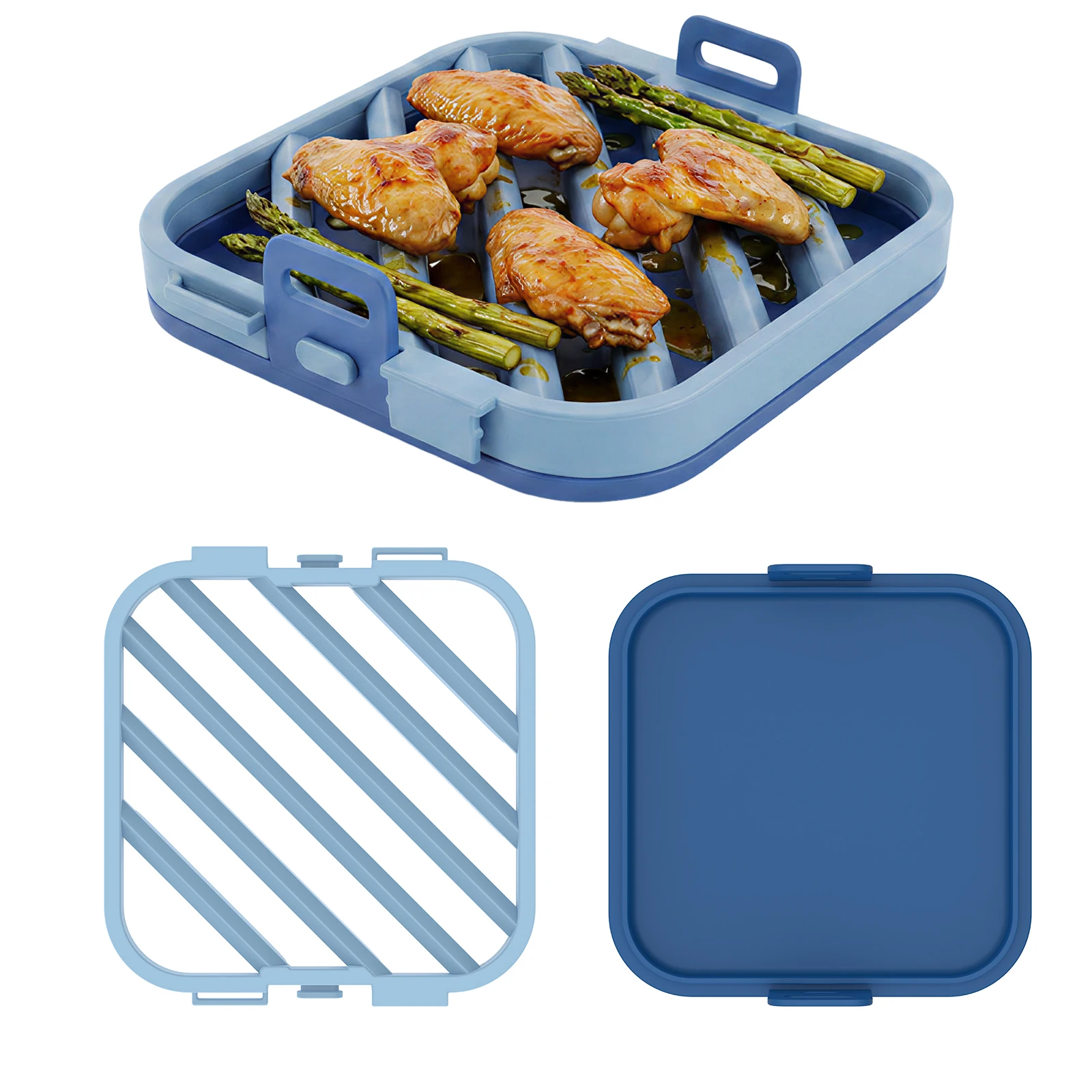 Silicone Roasting Rack Air Fryer Baking Tray Foldable Non-Stick Splicable Built in Oil Drain Structure for Baking BBQ Cooking
