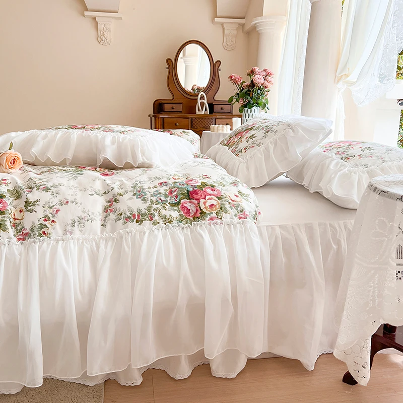 Imagem -04 - White Princess Lace Bedding Grupo 100 Algodão Ruffles Duvet Cover Luxo Impressão de Flores Saia de Cama Fronha Home Textile Pcs Pcs