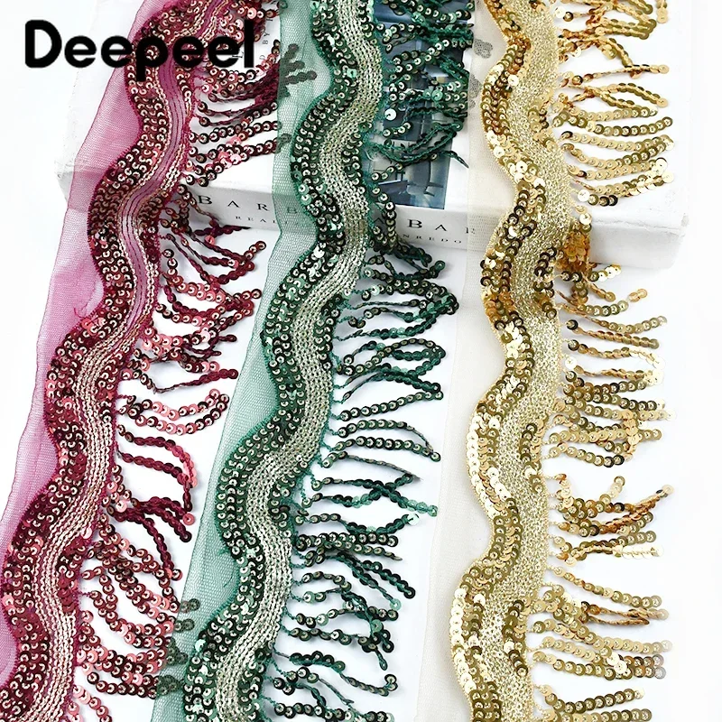 1/2/5Yards Deepeel 8cm Sequin Tassels Fringe Embroid Lace Ribbon Latin Dance Dress Clothing Trim Christmas Decoration Accessory