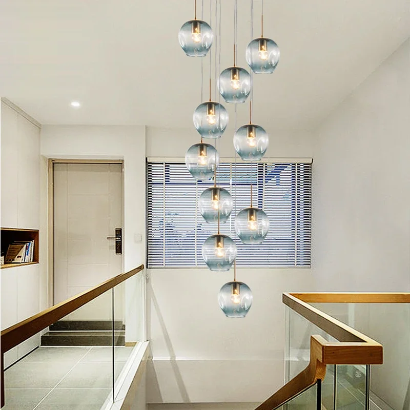 Modern Minimalist Creative Duplex Villa Rotating Stairwell Chandelier Nordic Staircase LED Chandelier Glass Ball Long Chandelier