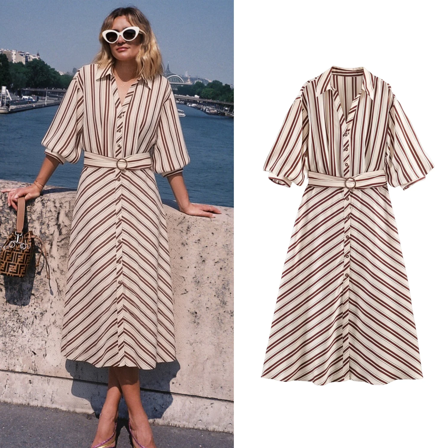 Vestido ajustado a rayas para mujer, vestido informal de verano para mujer, vestido largo de manga corta con cinturón, vestido camisero diario para mujer