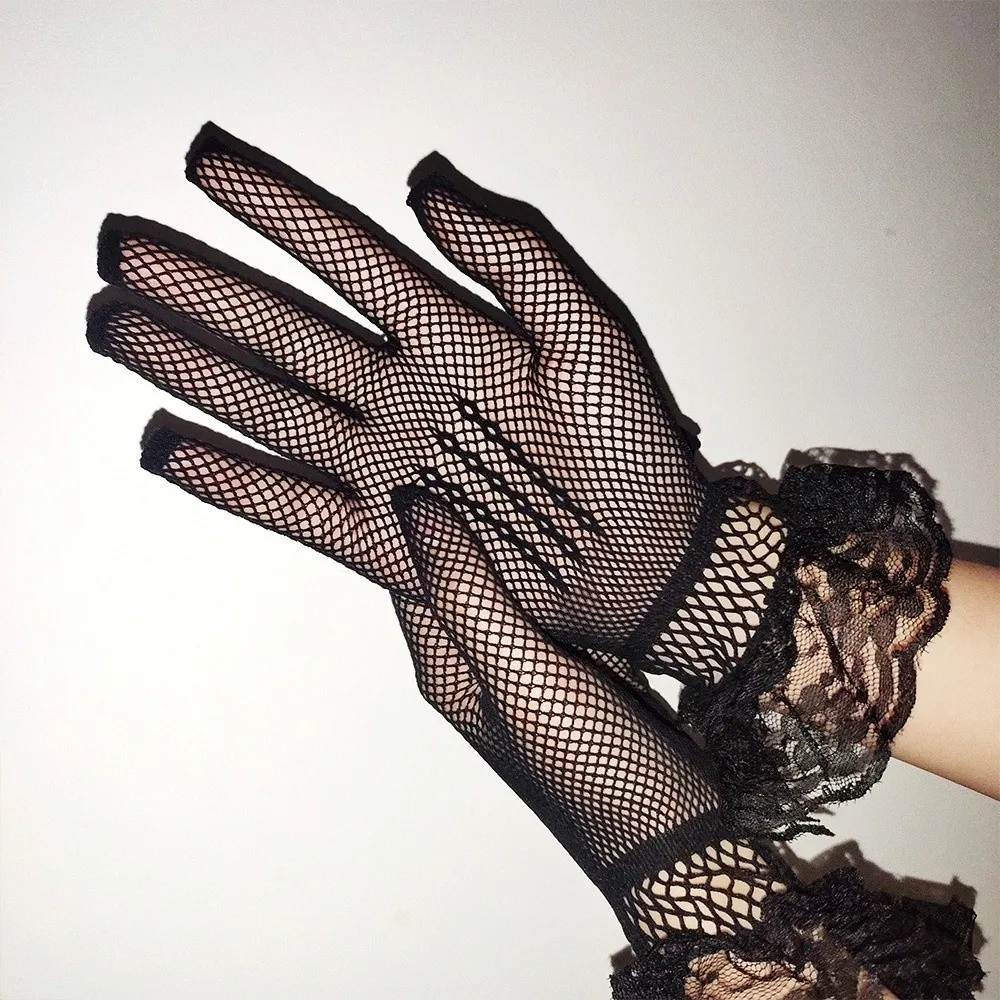 Soft Ruffle Lace Mittens Hollow Out Full Finger Fishnet Mesh Gloves Thin Mesh Driving Gloves