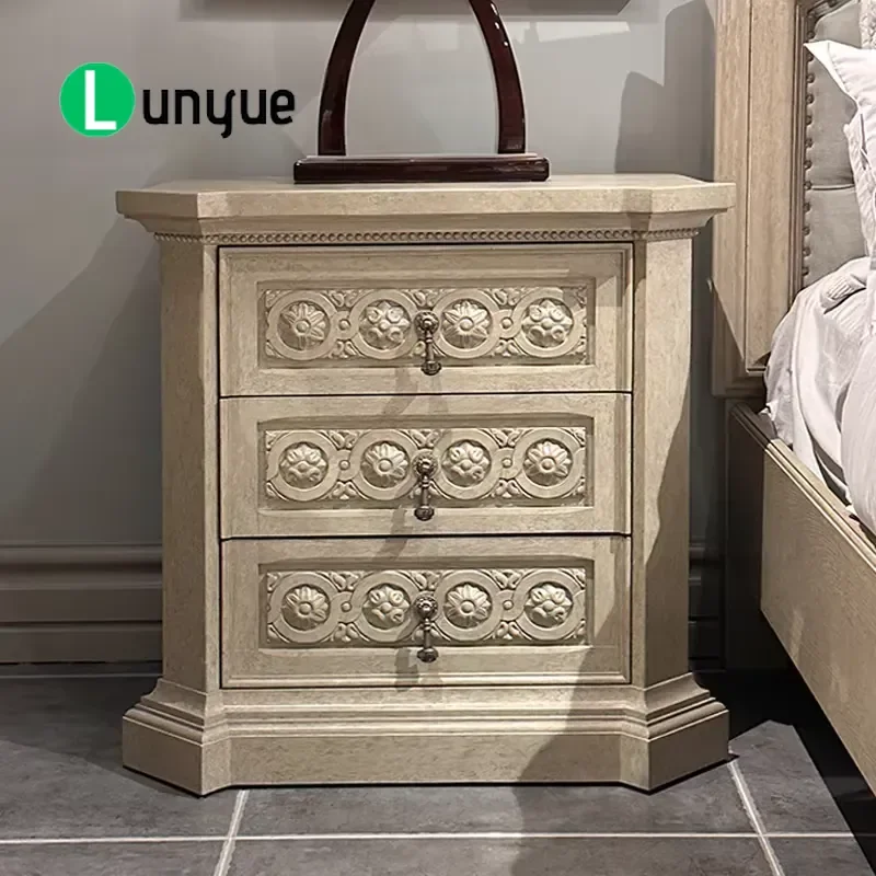 Antique Style Hand Carved Solid Wood Three Drawer Bedside Table Multi Function Locker for Bedroom and Office Storage