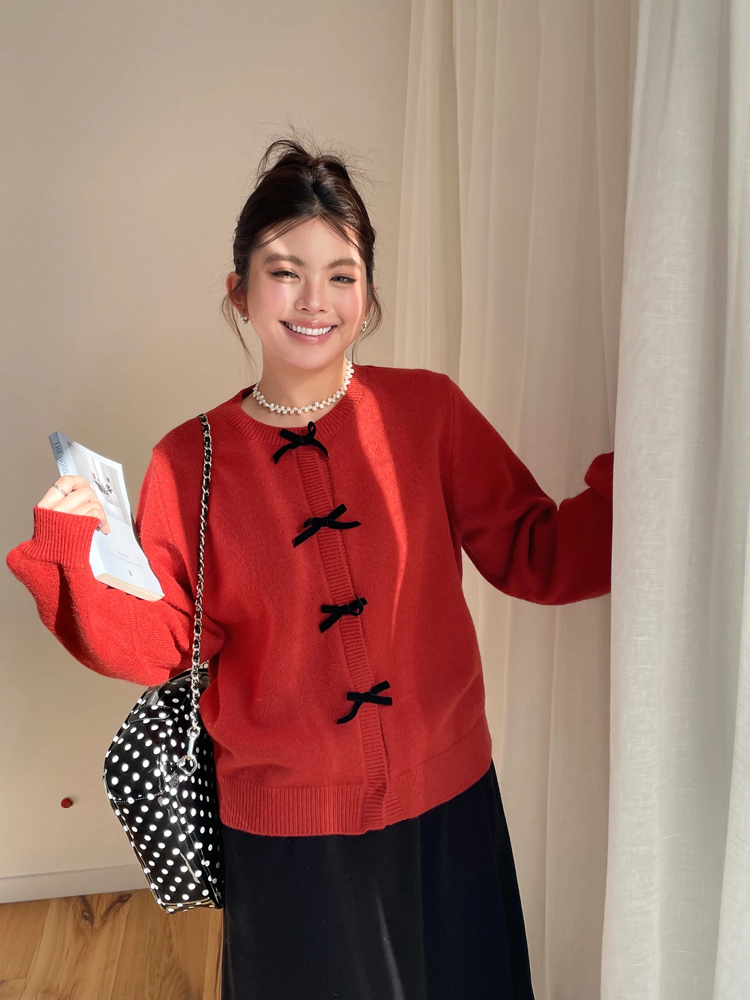 

Faionable Red Knitted Top with Knot New Year plus Size Women's Casual Sle Long Sve Sweater Slimming Effect