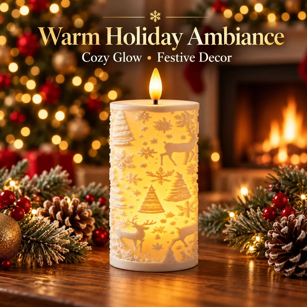 Cylinder Electronic Candle Ornament, resin embossed lamp, christmas tree reindeer snowflake decor