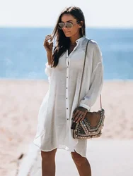 Cover-ups 2024 White Shirt Tunic Kimono Femme Bathing suit Women Bikini cover up Pareo Beach Bathing suit Cover ups Beachwear