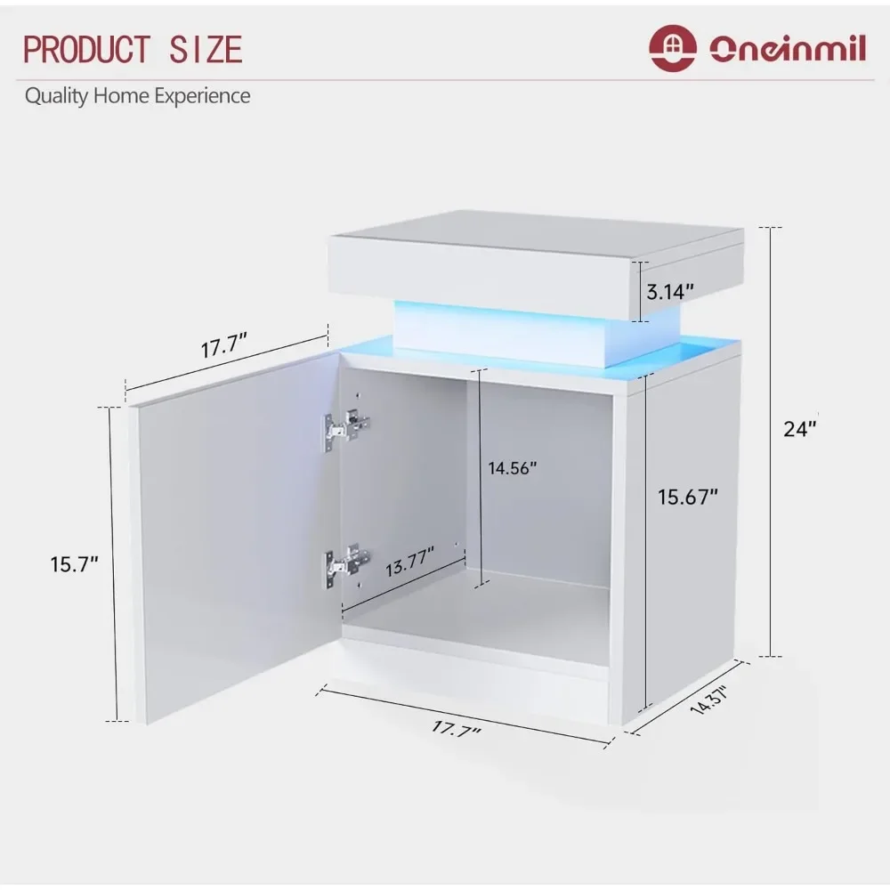 Nightstand Set of 2, LED Nightstand with One Cabinet, Bedside Table with LED Lights